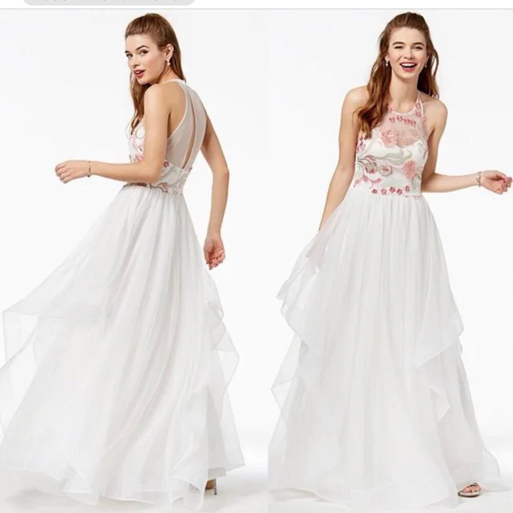 Sequin Hearts Embroidered Mesh Ivory Blush Halter Dress Youth Size 1